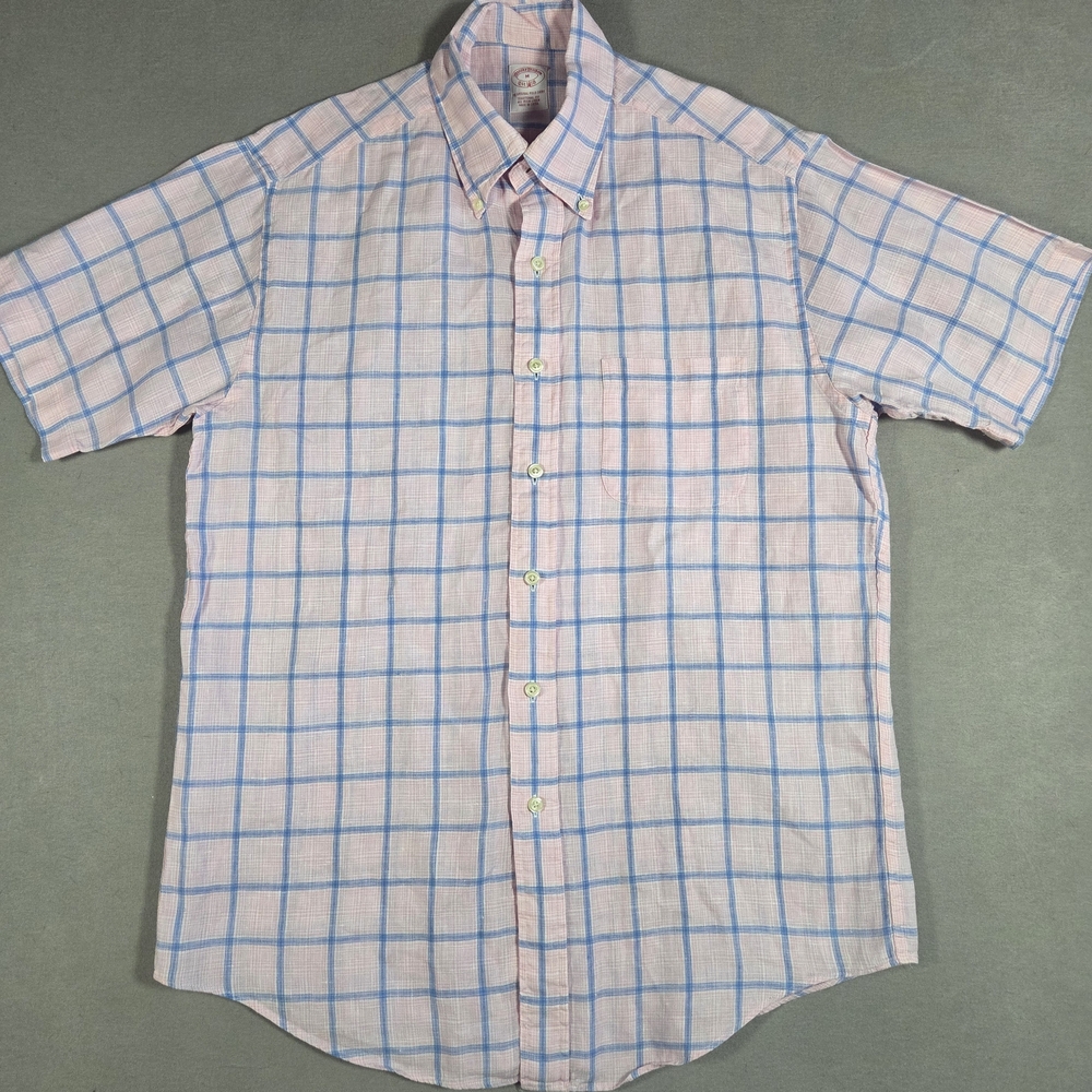 Brooks Brothers Linen Mens Pink and Blue Check Irish Linen Casual Shirt Size Med